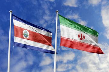 Costa Rica and Iran flags waving, symbolizing unity. Red, white, blue meets green, white, red with...