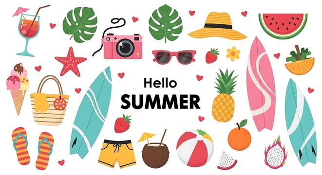 Hello summer beach vacation fun with tropical fruits and surfboards
