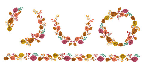 Colorful fallen leaves and berries decoration collection. Set of Autumn and thanks giving day decoration frame. Vector illustration.