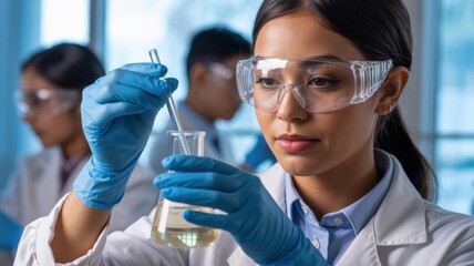 Young hispanic female scientist conducting experiments in laboratory setting