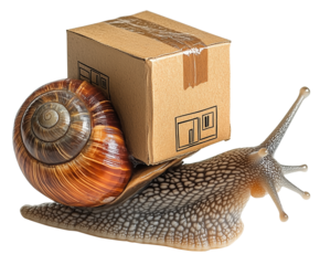 Snail carrying cardboard box on its back humorously symbolizes slow delivery., isolated