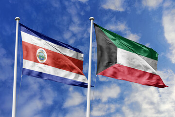 Waving flags of Costa Rica and Kuwait against a vibrant blue sky dotted with fluffy white clouds,...