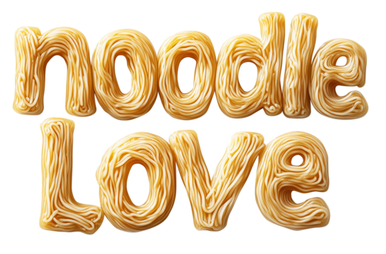 Noodles arranged to spell noodle love in creative layout., isolated