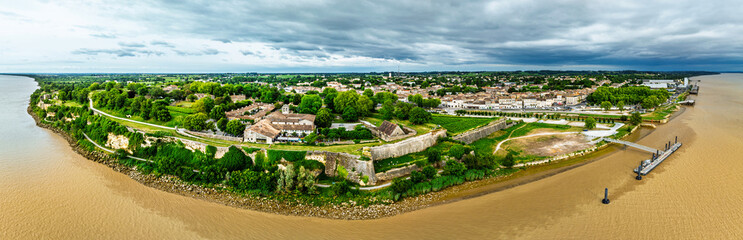 Panorama of Citadel of Blaye from a drone, Blaye, Gironde Estuary, France, Europe
