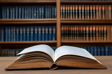An open book resting on a wooden table, with a background of organized shelves filled with books, symbolizing knowledge and learning.