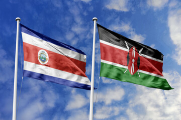 Waving flags of Costa Rica and Kenya against a vibrant blue sky, symbolizing international...