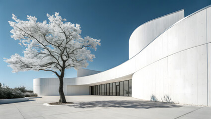Obraz premium Minimalist Curved Building with Tree and Blue Sky