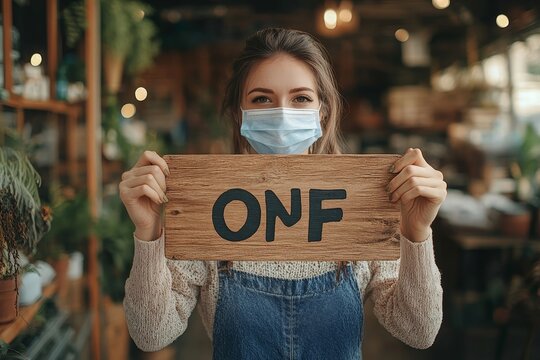 Beautiful female business retail owner in a medical face mask hangs the open wooden sign at the store entrance, preparing to welcome customers post-lockdown., Generative AI