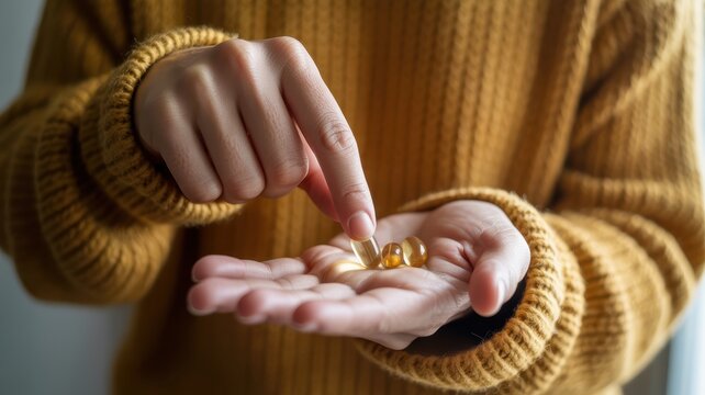Female hands holding omega-3 capsules in cozy sweater close-up