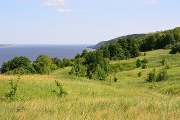 Obraz premium Scenic Riverside Landscape with Rolling Hills and Lush Greenery copy space