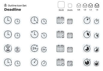 Time, date and deadline. Concept editable stroke outline icons set isolated on white background flat vector illustration. Pixel perfect.