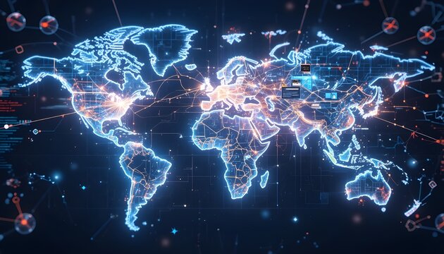 Futuristic global economy map with AI-driven trade flows
