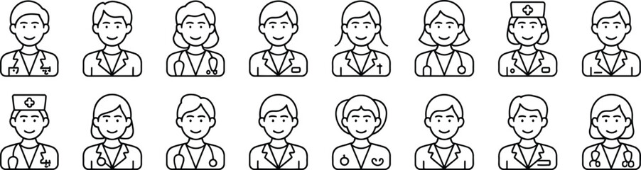 Set of Female Healthcare Workers Icons Including Doctors, Nurses, and Medical Professionals