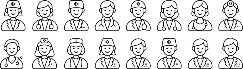 Set of Medical Professional Icons Representing Doctors, Nurses, and Healthcare Workers