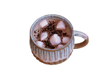 Hot Coffee with Pink Marshmallows Isolated on White Background. Cozy Sweet Beverage