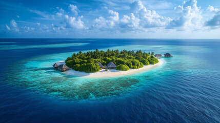  Tropical beach. Summer vacation on a tropical island with beautiful beach and palm trees. Tropical Maldives.
