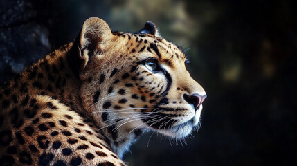leopard on a black background. portrait of leopard with intense eyes.