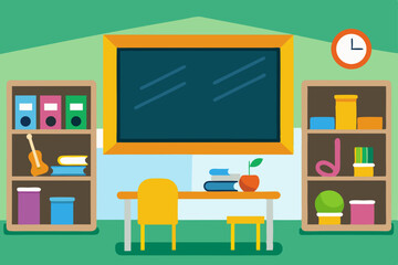 A school classroom interior with desks, chairs, and school supplies, featuring a wall-mounted flat-screen TV