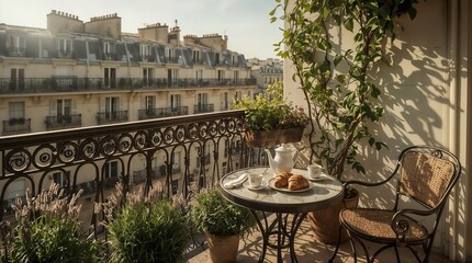 Cozy Parisian apartment balcony with morning tea service and classic city architecture view