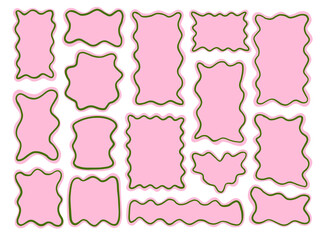 Wavy Frame and Label Shape Pastel Pink. A playful collection of sixteen abstract label and frame shapes with wavy borders and pastel pink fill outlined. Perfect for stickers packaging headers cards