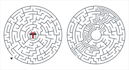 Circular flat maze with gift icon in the center, red black white vector puzzle, medium level brain game with solution path