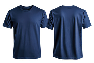 Navy blue blank t shirt template showcasing front and back views for design customization in apparel merchandising