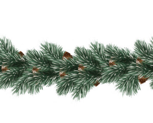 Seamless Pine Border with Cones, Hand-Drawn Illustration