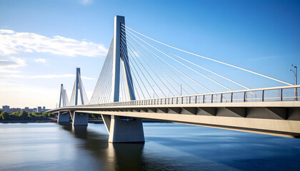 Modern cable-stayed bridge over calm water on a clear day