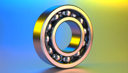 Metallic engine component with ball bearings on stand against vibrant rainbow background