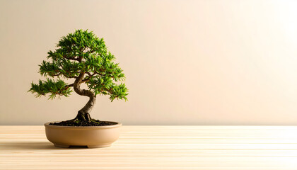 Serene miniature bonsai tree on wooden surface against light wall