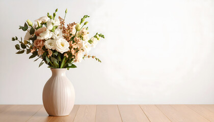 Elegant white and green flowers with pink accents in vase on wooden table against white wall