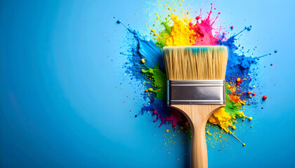 Vibrant paintbrush exploding with colorful paint splash against blue background