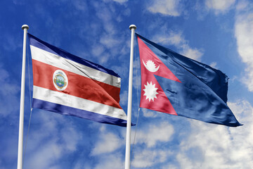Costa Rica and Nepal flags proudly waving against a vibrant blue sky, symbolizing international...