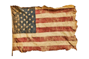Grungy American flag design perfect for Fourth of July decorations featuring weathered fabric in red, white, and blue with stars and stripes displayed against a light background