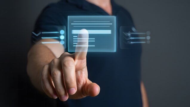 Person s finger touching a futuristic holographic interface with glowing blue elements and data points