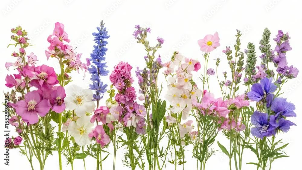 Poster a selection of colorful flowers arranged on a plain white background