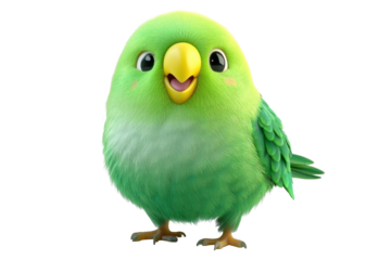 Charming green budgerigar character illustration showcasing vibrant colors and a joyful expression in a lively and imaginative setting