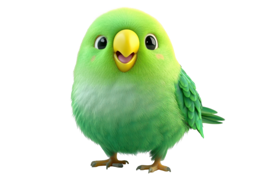 Charming green budgerigar character illustration showcasing vibrant colors and a joyful expression in a lively and imaginative setting