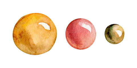 Colorful watercolor spheres in varying sizes showcasing a blend of warm tones and gentle reflections under soft lighting conditions