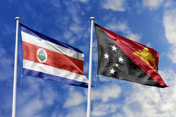Costa Rica and Papua New Guinea National Flags Waving Proudly Against a Bright Blue Sky, Symbolizing Diplomatic Relations and Global Connections.