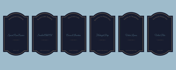 Big set of Dark blue Premium Labels with elegant gold frames and refined typography in luxurious style. Good for high-end products, smoked products, gourmet sauces, aged liquors, artisanal condiments,