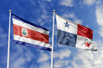 Costa Rica and Panama National Flags Waving Proudly Under a Bright Blue Sky, Symbolizing Strong Central American Ties and Friendship.