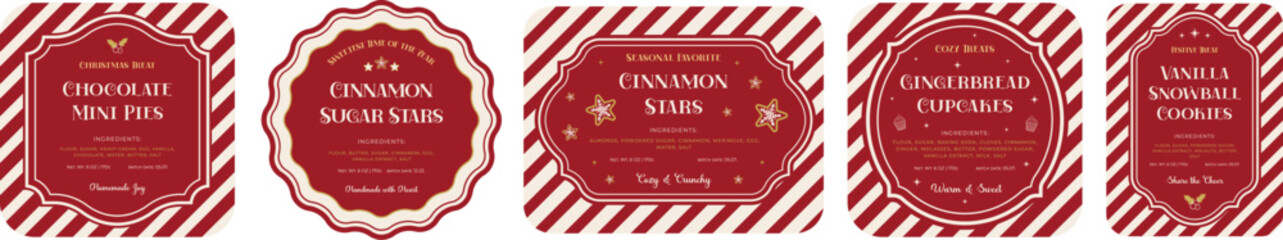Naklejka premium Set of red Festive Holiday Labels. Good for Christmas bakery, cookies, pastries, seasonal packaging, bakery branding, holiday gifts