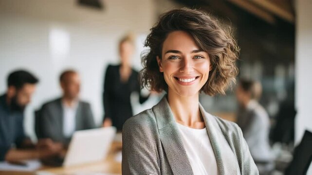 Smiling Confident Businesswoman in Modern Office Environment with Team in Background
