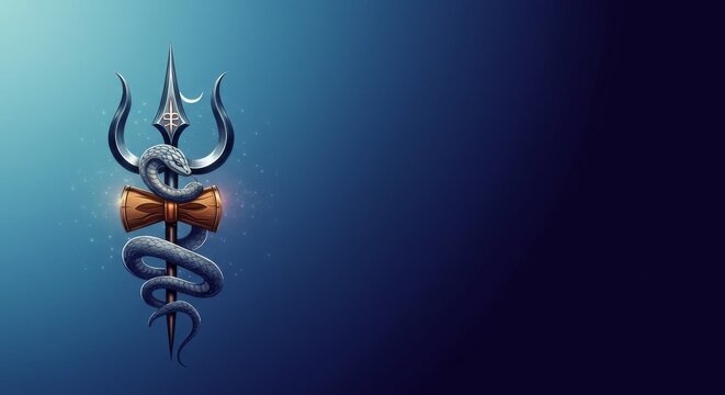 Abstract banner of snake coiled around Shiva's trishul, glowing background from sky blue to deep indigo
