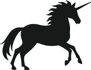 Majestic black silhouette of a unicorn with flowing mane and tail on a white background