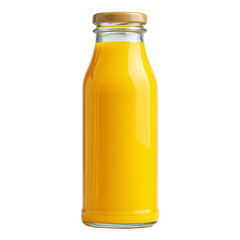 A glass bottle filled with fresh orange juice against a neutral background. The bottle is sealed with a cap.