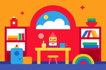 Cartoon interior room design set with a baby toy and window