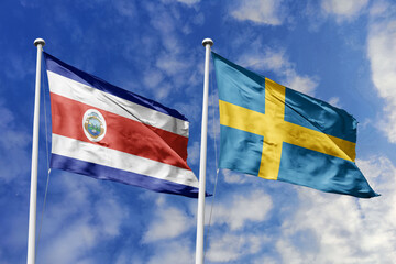 Costa Rica and Sweden National Flags Waving Proudly Under a Bright Blue Sky, Symbolizing Diplomatic Relations and International Friendship.