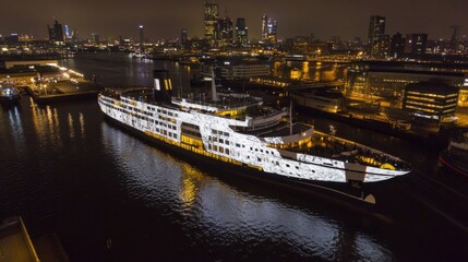 Illuminated ship at night, docked in a harbor, cityscape backdrop